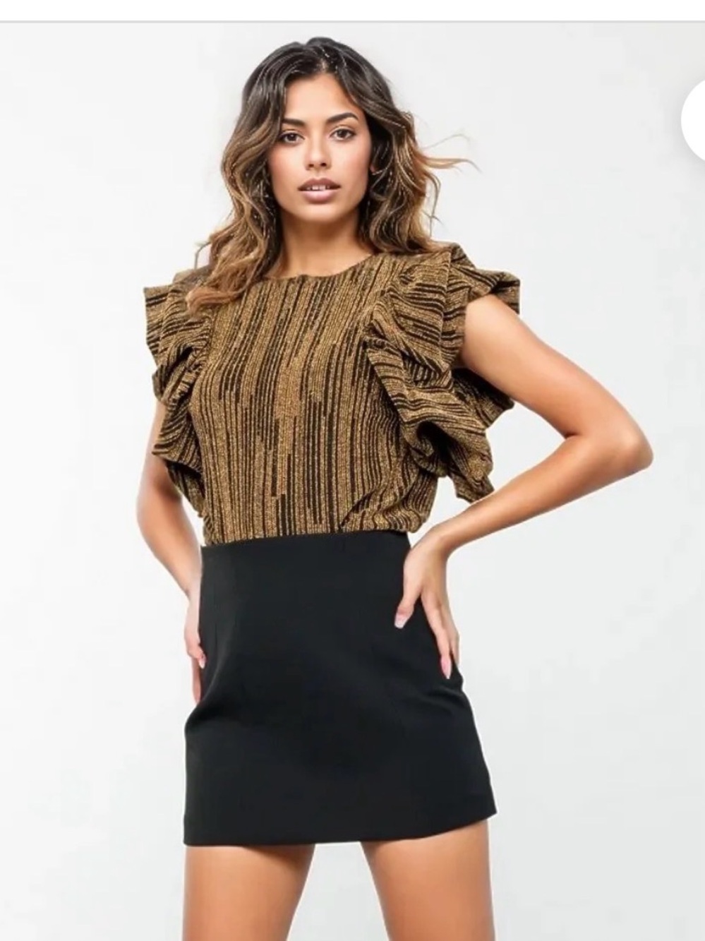 NWT - THML Black and Gold Stripe Puff Sleeve Blouse